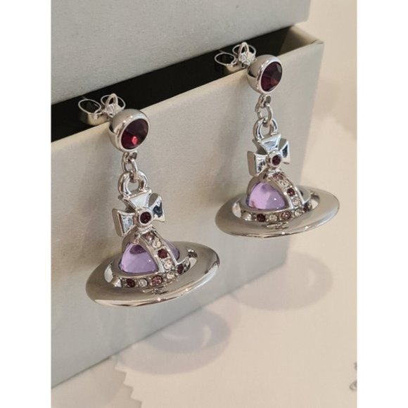 Vivienne Westwood 3D silver tone Purple Orb drop Earrings New with Box - Picture 5 of 12